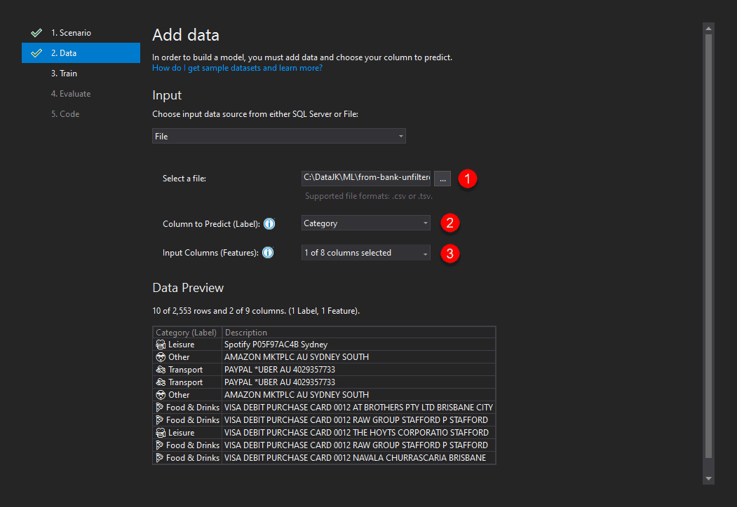 Select file, column to predict (label) and input columns used for prediction